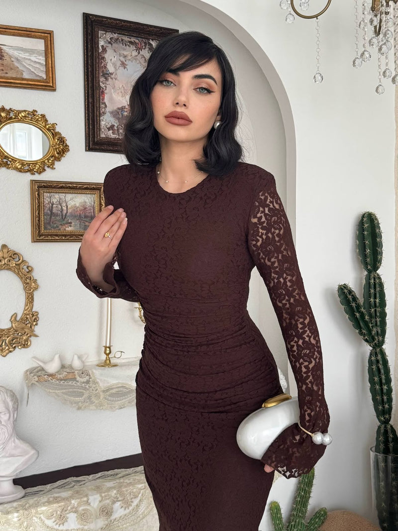 Studio Ruched Lace Maxi Dress - Brown
