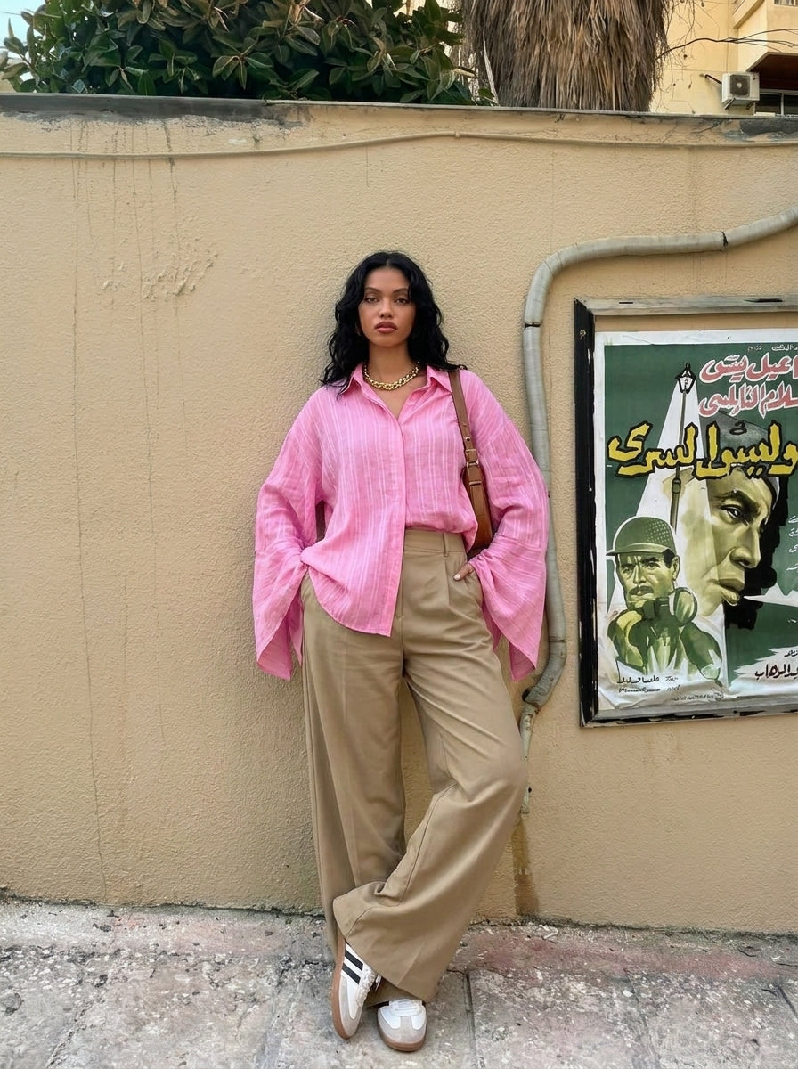 Striped Shirt with Tie Cuffs - Pink