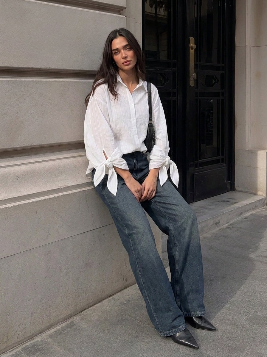 Striped Shirt with Tie Cuffs - White