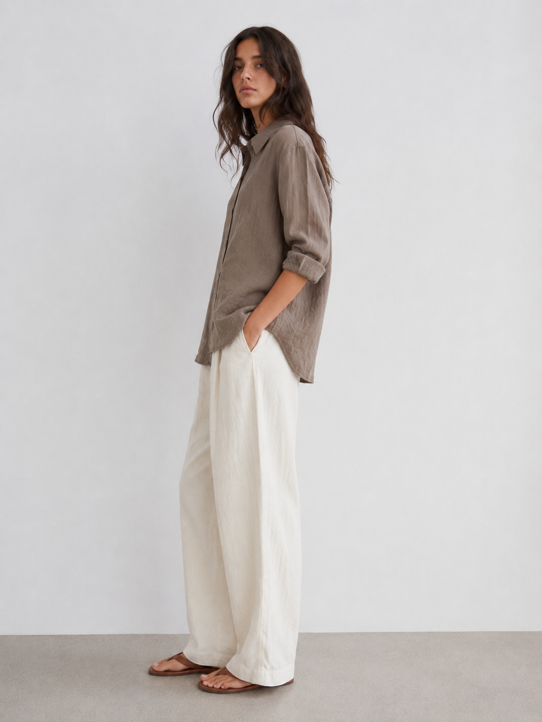 The Studio Crinkle Button-Down – Taupe