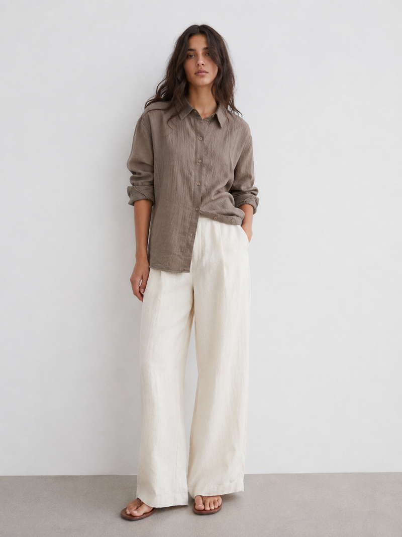 The Studio Crinkle Button-Down – Taupe