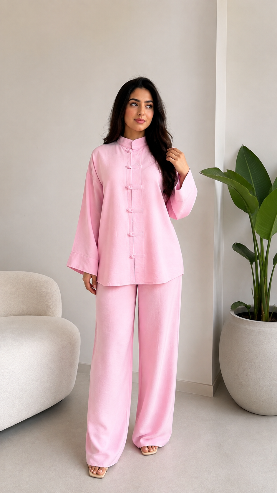 Tailored Stand-Collar Set - Pink