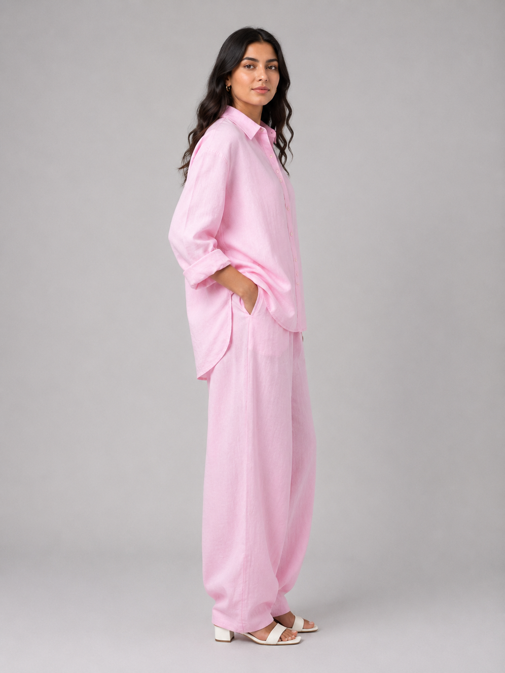 The Lino Relaxed Shirt & Trouser Set – Petal Pink