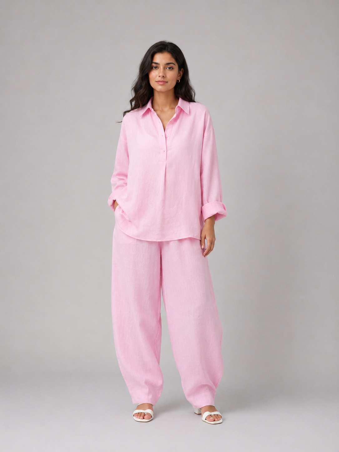 The Lino Relaxed Shirt & Trouser Set – Petal Pink