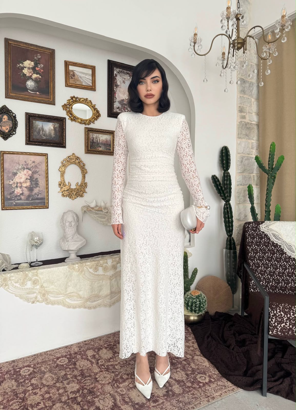 Studio Ruched Lace Maxi Dress - White