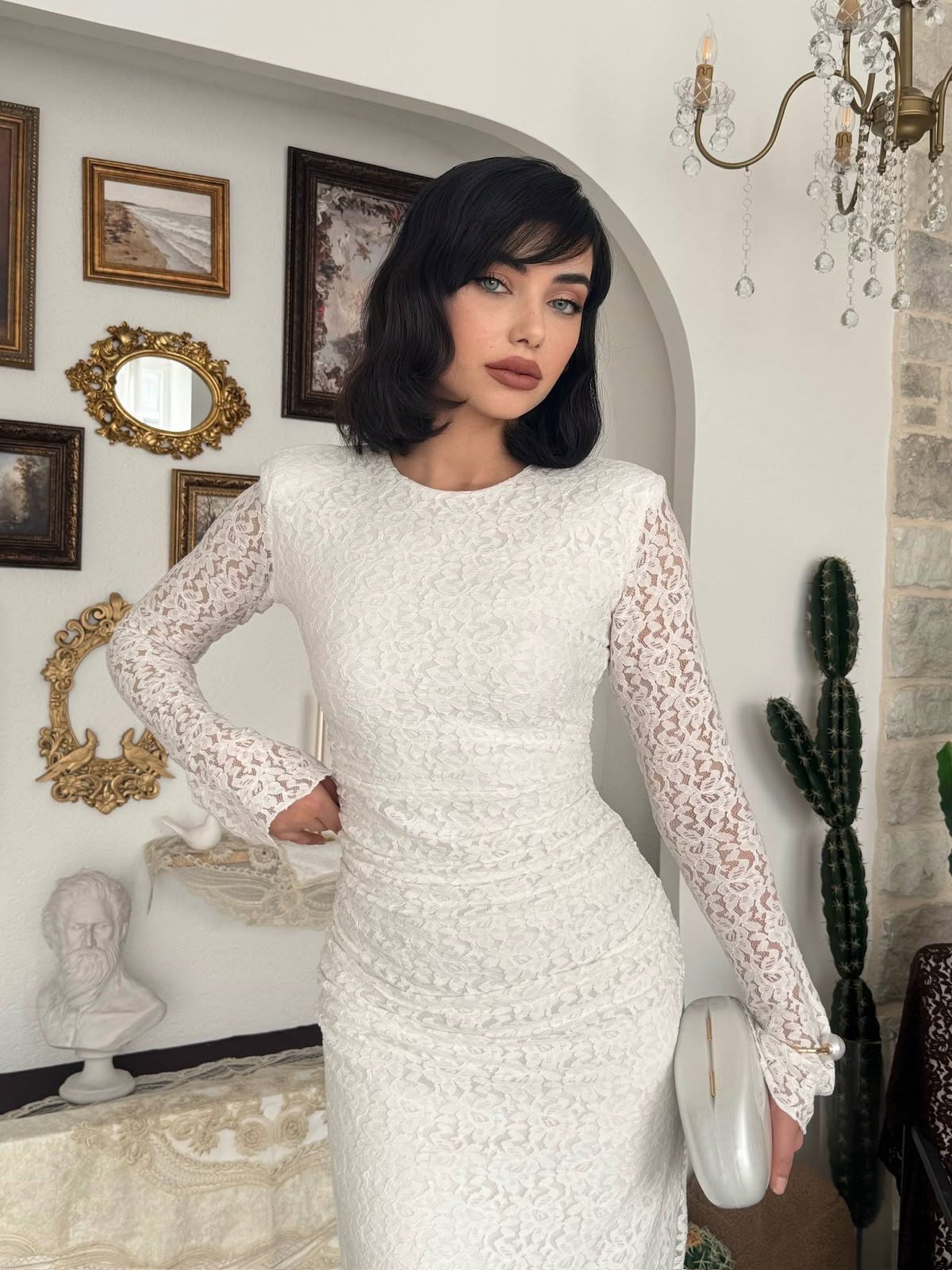 Studio Ruched Lace Maxi Dress - White