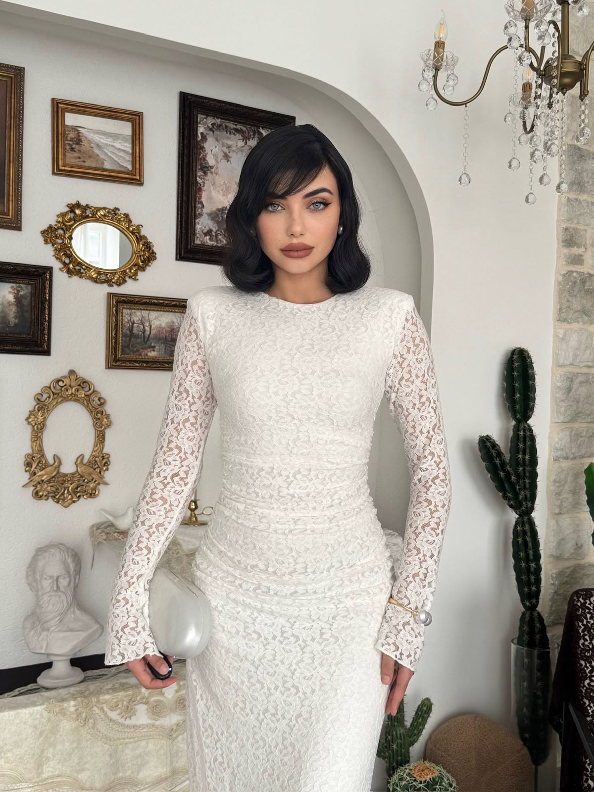 Studio Ruched Lace Maxi Dress - White