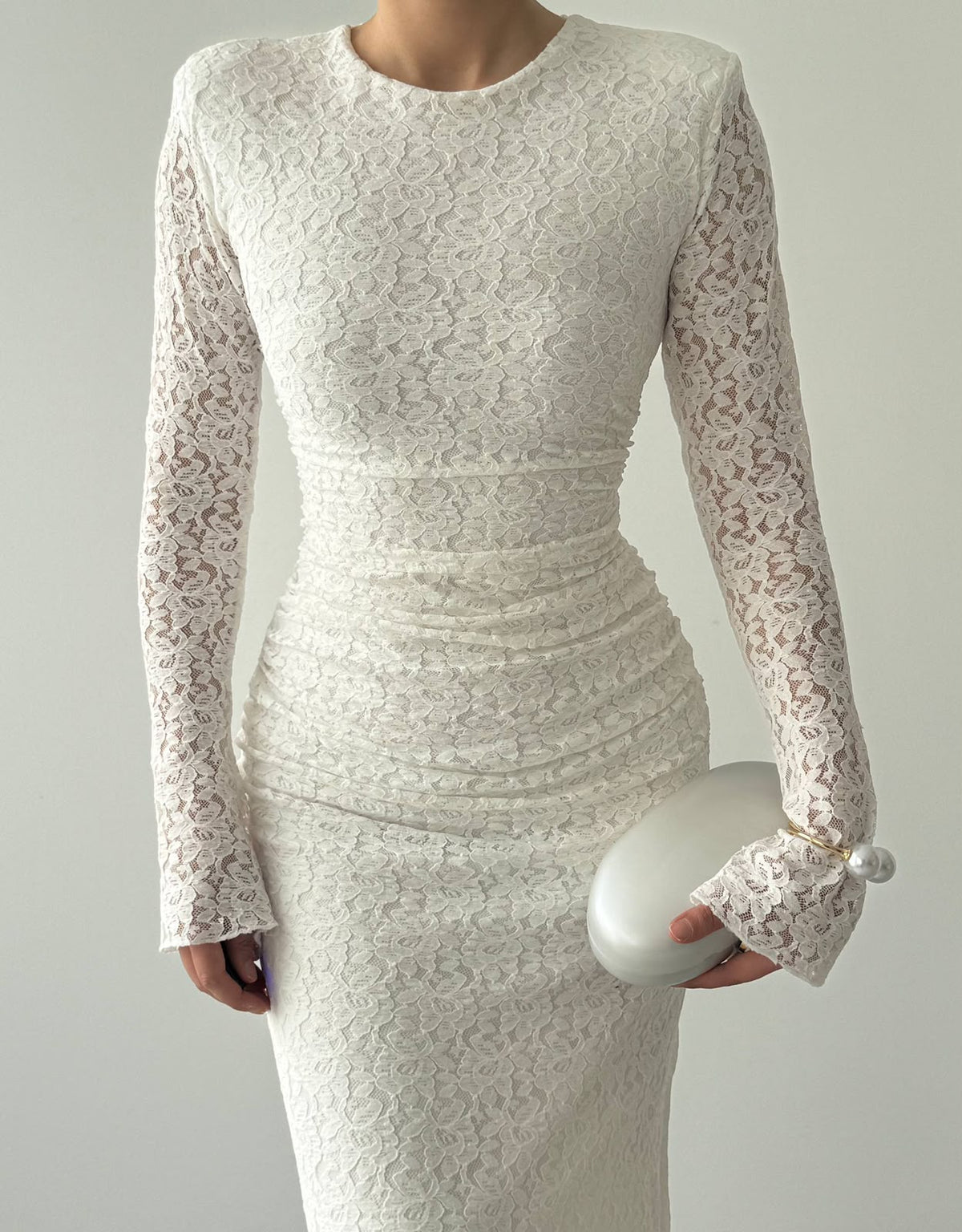 Studio Ruched Lace Maxi Dress - White