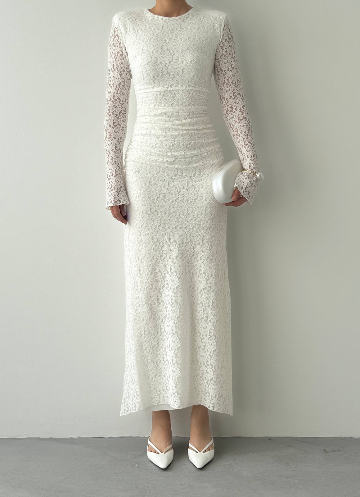 Studio Ruched Lace Maxi Dress - White