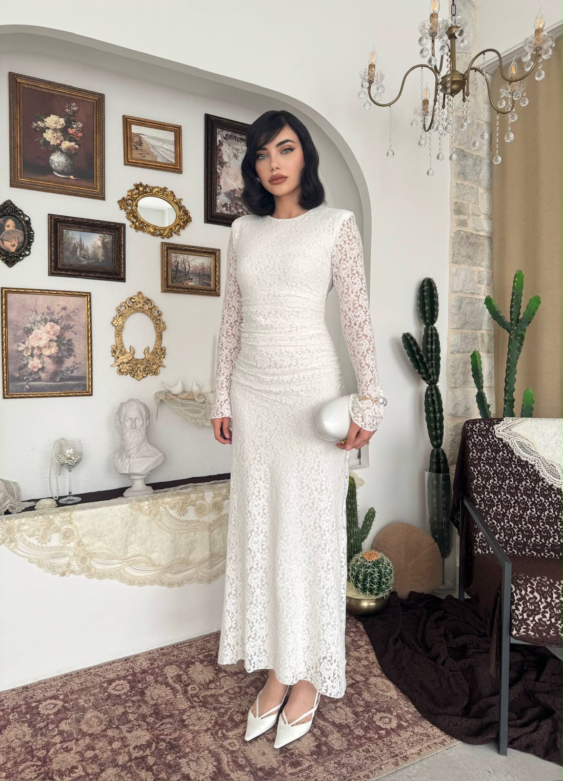 Studio Ruched Lace Maxi Dress - White
