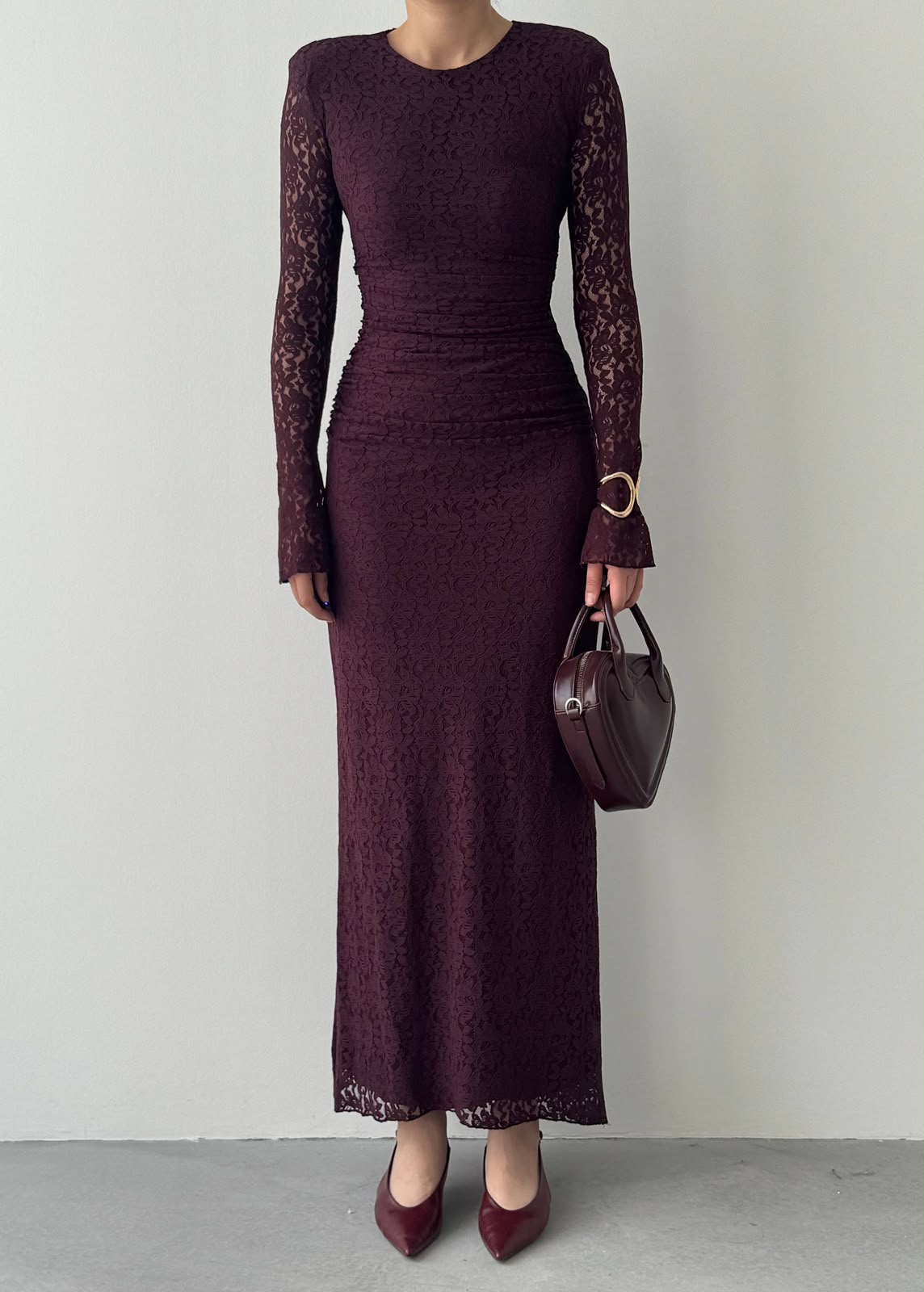 Studio Ruched Lace Maxi Dress - Burgundy