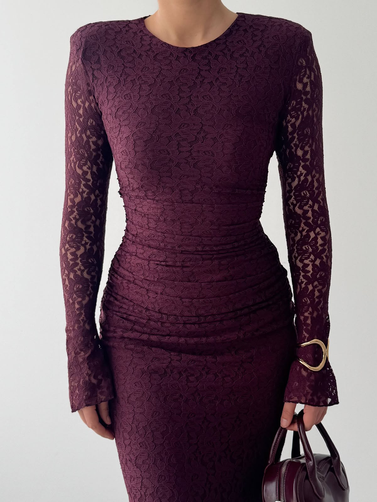 Studio Ruched Lace Maxi Dress - Burgundy
