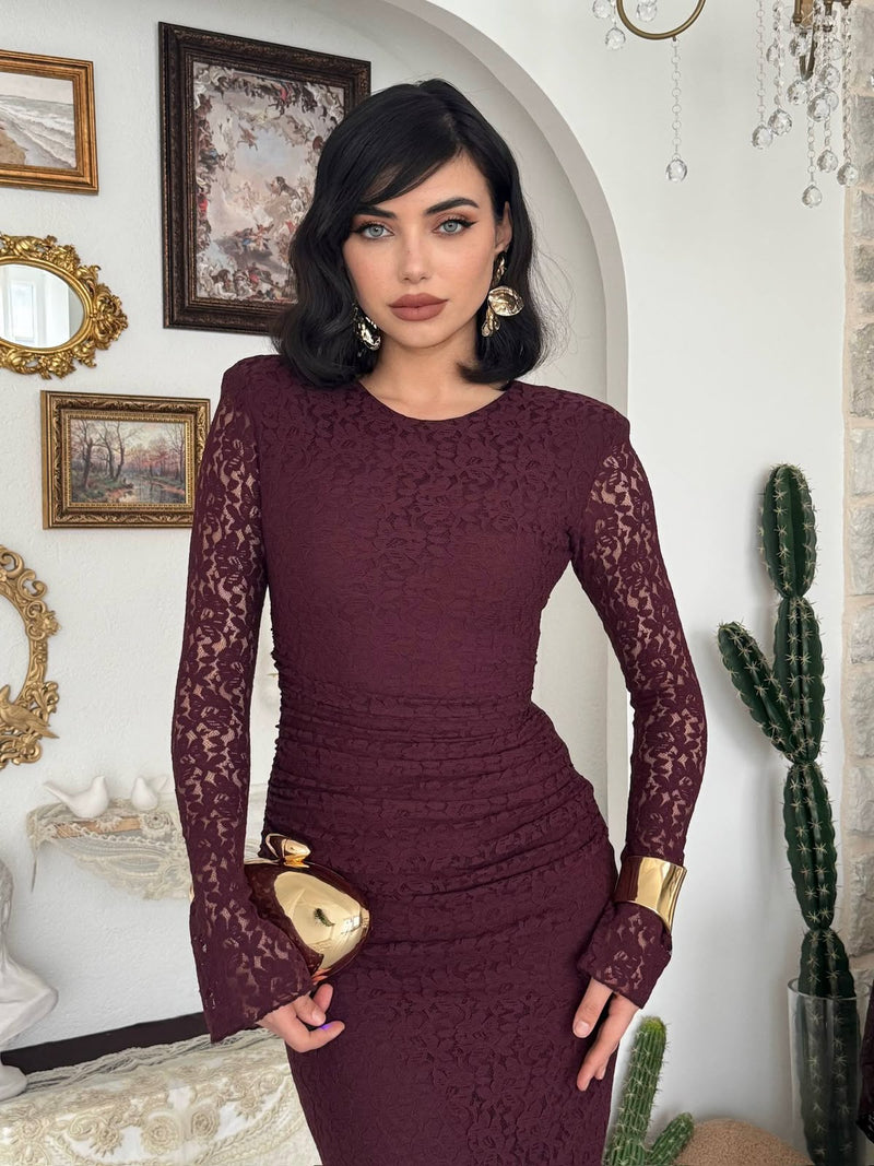 Studio Ruched Lace Maxi Dress - Burgundy