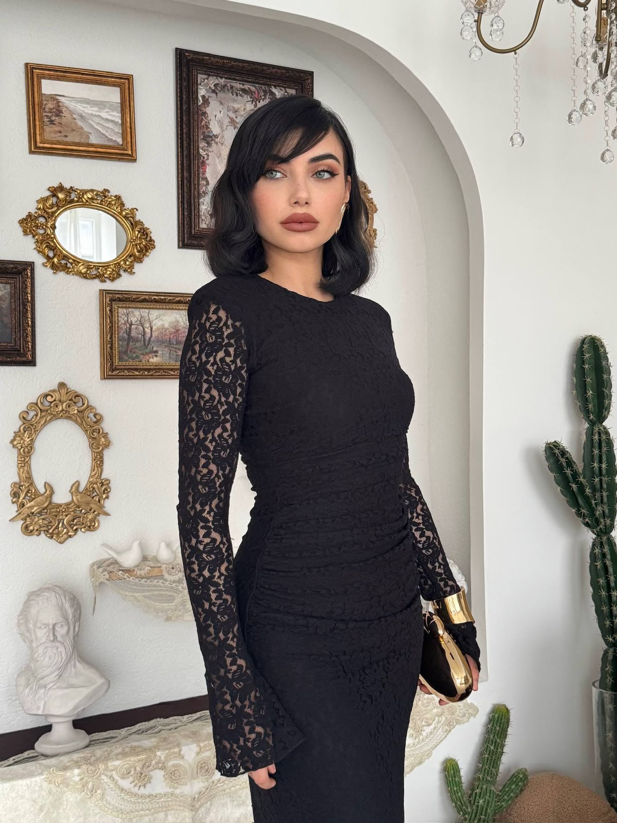 Studio Ruched Lace Maxi Dress - Black