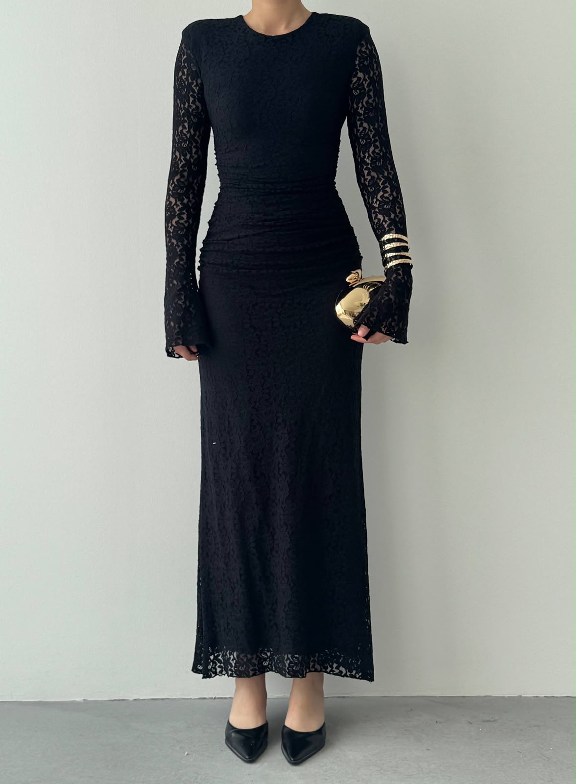 Studio Ruched Lace Maxi Dress - Black