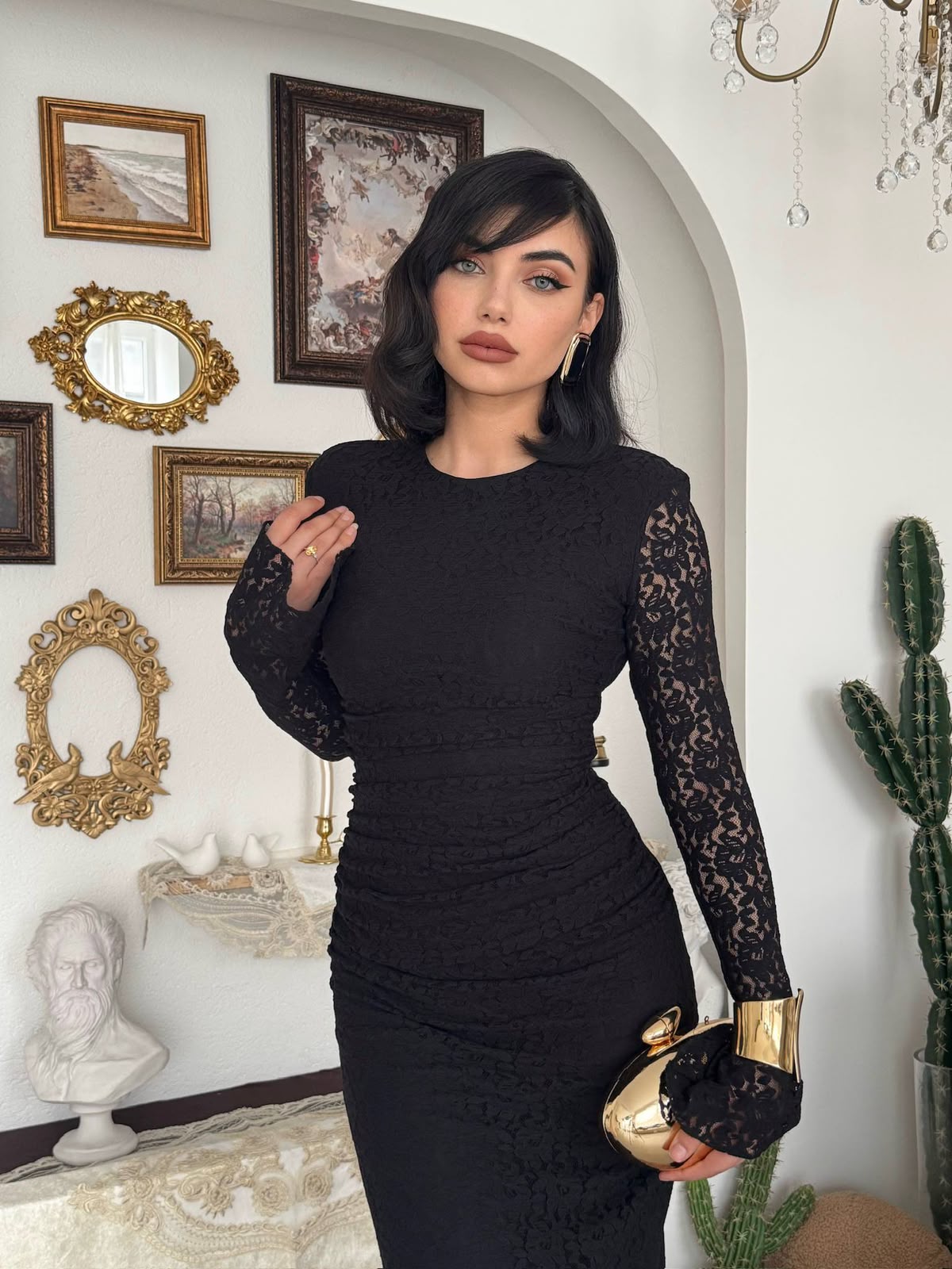 Studio Ruched Lace Maxi Dress - Black