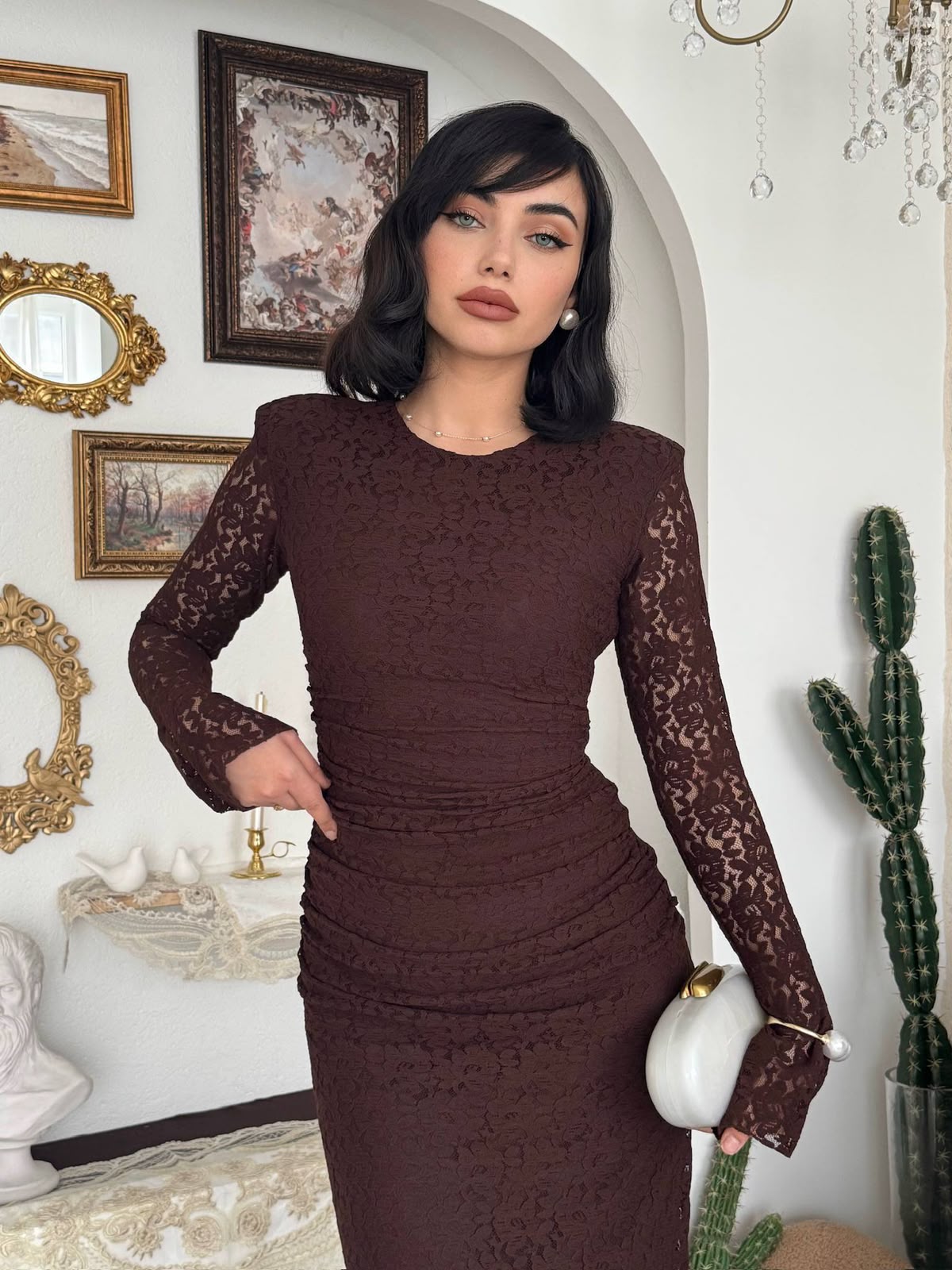 Studio Ruched Lace Maxi Dress - Brown