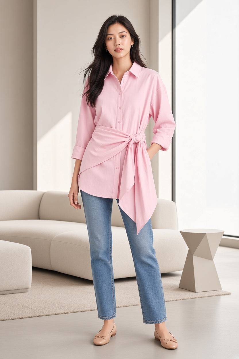 pink Shirt with Self-Tie Waist