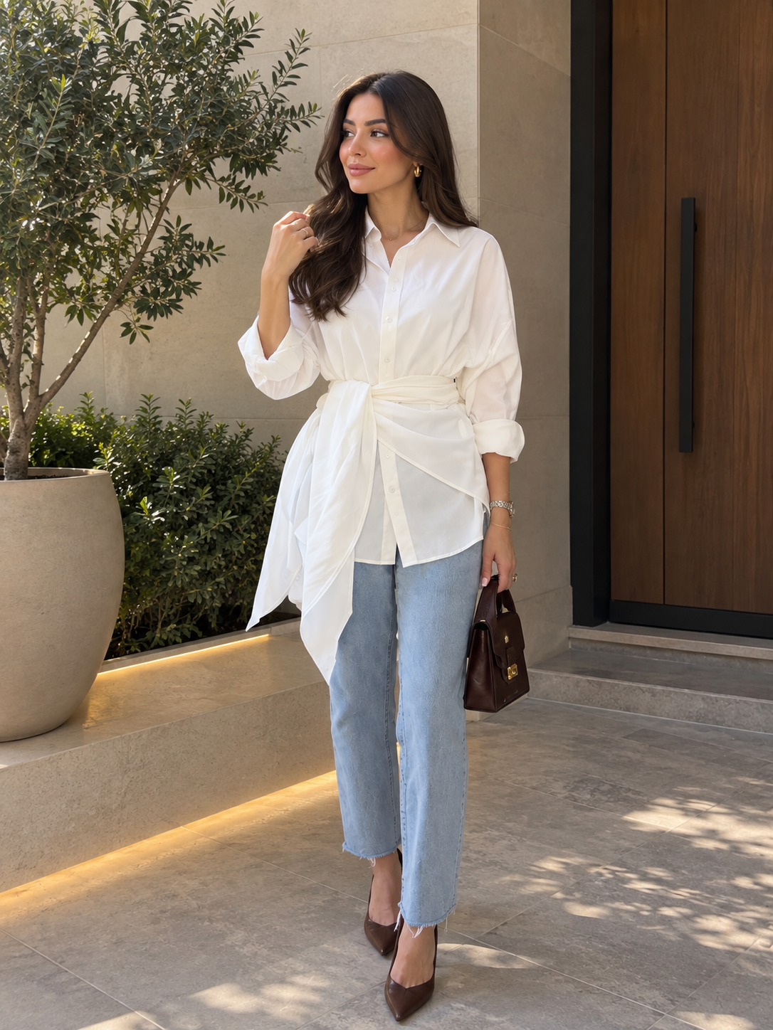 white Shirt with Self-Tie Waist