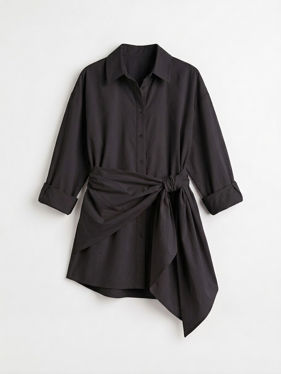 Black Shirt with Self-Tie Waist