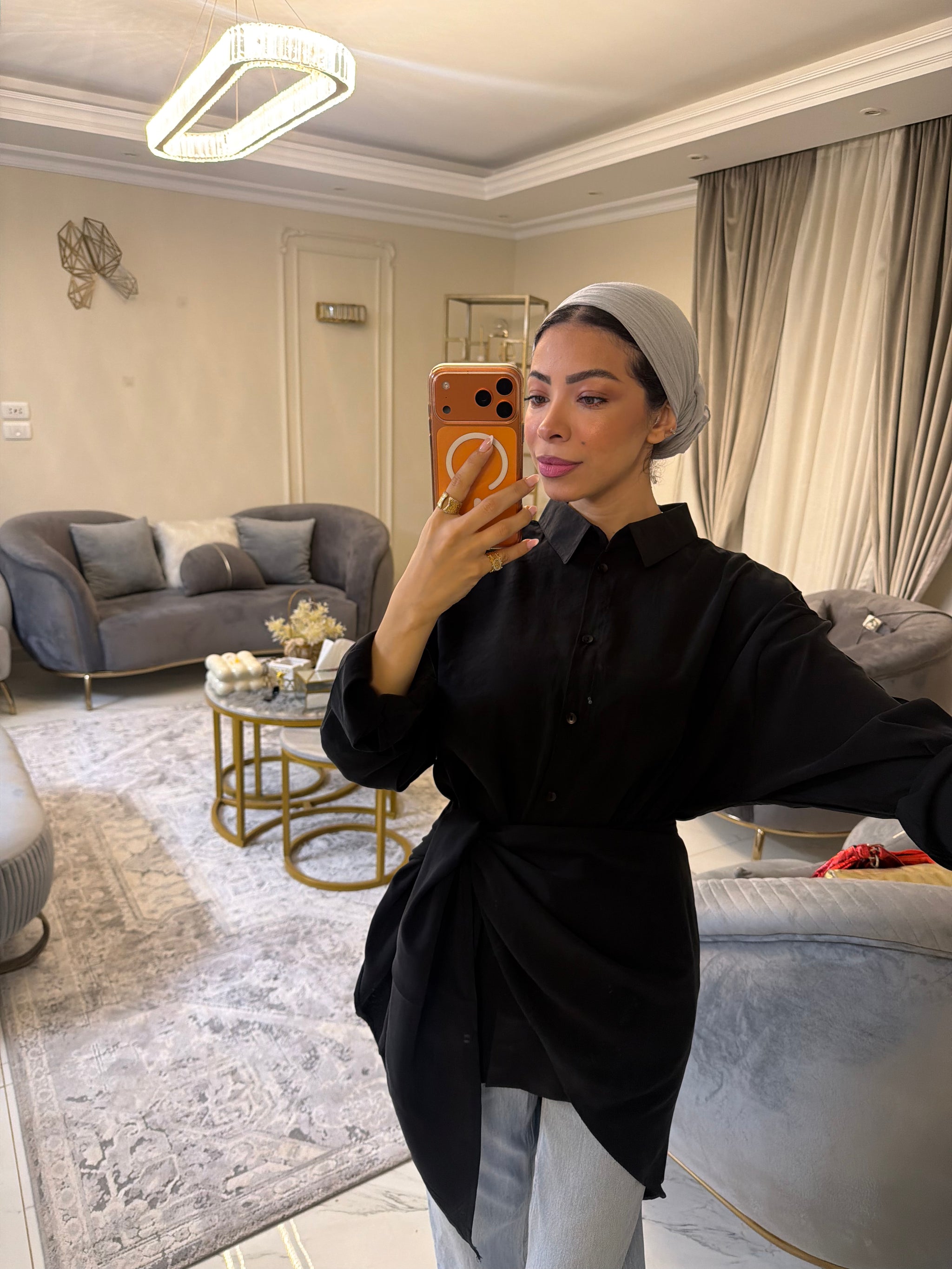 Black Shirt with Self-Tie Waist